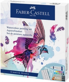 Купить Набор акварельных красок Faber-Castell Watercolour Creative Studio (12 цветов + 4 кисточки + палитра + трафарет) в интернет магазине в Киеве: цены, доставка - интернет магазин Д.Магазин